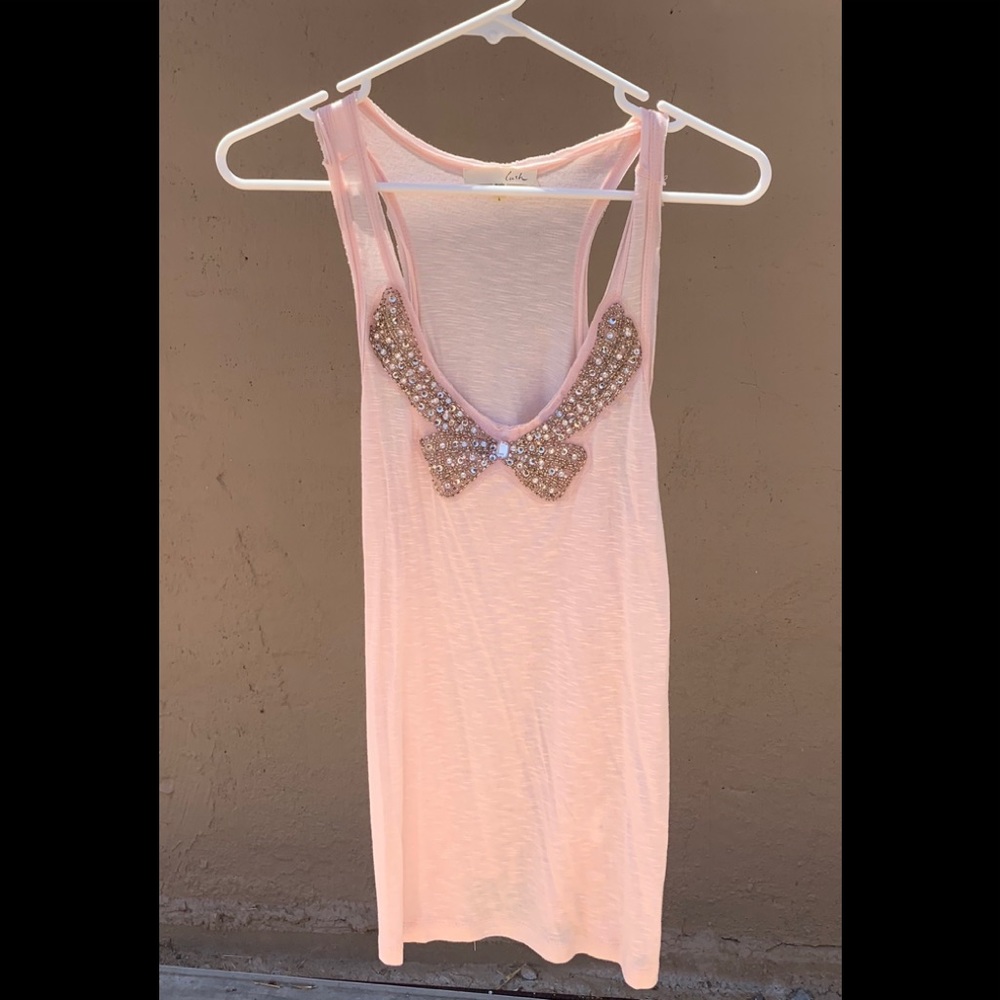 Lush pale pink tank top with beaded bow